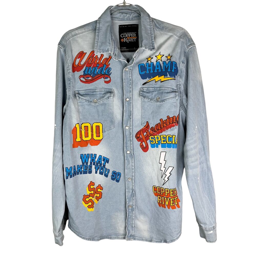 Copper Rivet Light Blue Denim Shirt Snap Button Graphic Prints Large